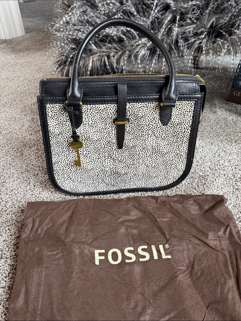 Fossil Black & White Spotted Leather Satchel with Gold Hardware